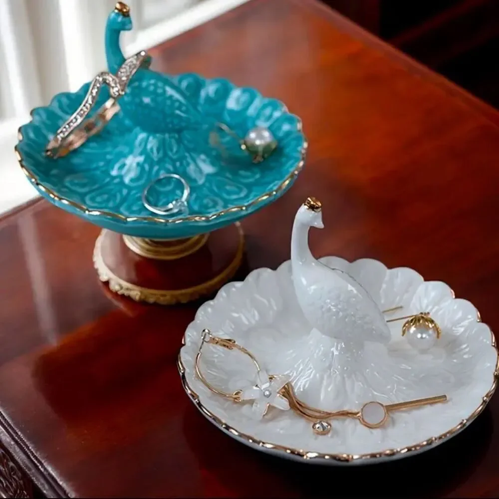 Ceramic Blue Peacock Jewelry Tray For Earrings, Rings, Necklaces And Bracelets